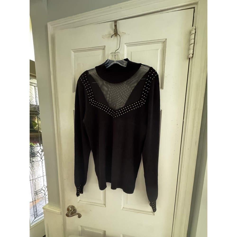 💙Venus Woman's Sz XL Black Mesh Insert‎ Metal Accents Sweater Sexy Date Night - Picture 2 of 9